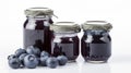 Blueberry jam and plump blueberries fruit Jars on white background with Generative AI