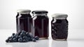 Blueberry jam and plump blueberries fruit Jars on white background with Generative AI