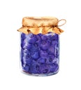 Blueberry jam in vintge glass jar. Watercolor