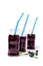 Blueberry juice in glass bottles against white background Royalty Free Stock Photo