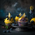 Blueberry and lemon curd cupcakes on dark background