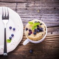 Blueberry Microwave Muffin in mug . Selective focus Royalty Free Stock Photo