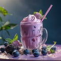 Blueberry milk shake in glass close up, AI Generated