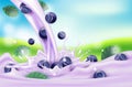 Blueberry milk with splashes realistic, Vitamin rich juices and yogurts for health.