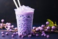 Blueberry milk tea or bubble tea in plastic glass on dark background, Purple taro bubble tea cold and refreshing drink, AI