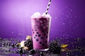 Blueberry milkshake with ice and blackberries on purple background, Purple taro bubble tea cold and refreshing drink, AI Generated