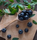 Blueberry and mint, wooden spoon and board top view summer rustic fresh vegan