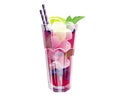 Blueberry mojito with blueberries, lime, mint and ice cubes.A summer, refreshing drink in a tall glass with straws. Royalty Free Stock Photo