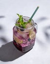 Blueberry Mojito Or Lemonade With Lime, Ice And Mint In A Glass On A Light Background With Berries, Fruit And Shadows. The Concept