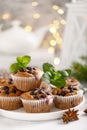 Blueberry muffins with fresh berries and Christmas, Xmas or New Year decorations Royalty Free Stock Photo