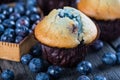 Blueberry muffins and fresh berries on wooden table Royalty Free Stock Photo