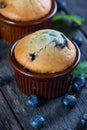 Blueberry muffins and fresh berries on wooden table Royalty Free Stock Photo