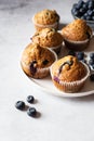 Blueberry muffins  served on a white plate on a marble background Royalty Free Stock Photo