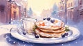 Blueberry pancakes on a cafe table outside in winter, for breakfast at a restaurant Royalty Free Stock Photo