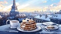 Blueberry pancakes and coffee at rooftop outdoor cafe in a European city during winter scene
