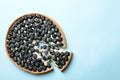 Blueberry pie on blue background, top view Royalty Free Stock Photo