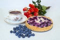 Blueberry pie, cup of tea, heap of blueberries and red roses on a white background - still life food