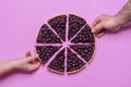 Blueberry pie top view on purple background. Hands grabbing slices of pie