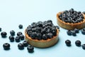 Blueberry pies on blue background, space for text