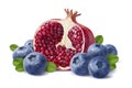 Blueberry and pomegranate half on white background