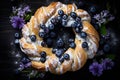 Blueberry quark wreaths pastry dessert on dark wooden background lay out