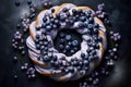 Blueberry quark wreaths pastry dessert on dark wooden background top view