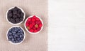 Blueberry raspberry blackberry in white bowl. Berries Copy space. Top view