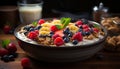 Blueberry and raspberry granola yogurt, a healthy dessert generated by AI