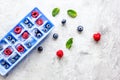 Blueberry and raspberry in icetray on stone background top view mock-up Royalty Free Stock Photo