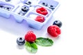 Blueberry and raspberry in ice tray on stone background Royalty Free Stock Photo