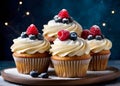 Blueberry and raspberry muffins with whipped cream and fresh berries. sweet food and desserts Royalty Free Stock Photo