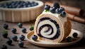 Blueberry roll cake with whipped cream and fresh blueberries, selective focus