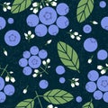 Blueberry seamless pattern. Black currant with leaves and flowers on shabby background.