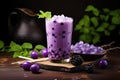 Blueberry smoothie with blackberries and mint in glass on wooden background, Purple taro bubble tea cold and refreshing drink, AI