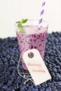 Blueberry smoothie in a glass jar with a straw and sprig of mint Royalty Free Stock Photo