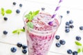 Blueberry smoothie in a glass jar with a straw and sprig of mint Royalty Free Stock Photo