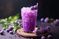 Blueberry smoothie with ice in a glass on a dark background, Purple taro bubble tea cold and refreshing drink, AI Generated