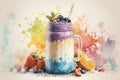 Blueberry smoothie in a mason jar with watercolor splashes