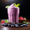 Blueberry smoothie or milkshake with fresh berries, a healthy breakfast