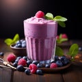 Blueberry smoothie or milkshake with fresh berries, a healthy breakfast