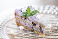 Blueberry sponge cake decorated with meringue and mint leaves. Breakfast in the cafe, morning coffee. on wooden table Royalty Free Stock Photo