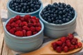 Blueberry and strawberry in ceramic bowls, organic food