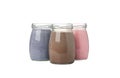 Blueberry strawberry and chocolate milkshakes isolated on white background Royalty Free Stock Photo