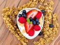 Blueberry and strawberry yogurt with granola is a delightful and nutritious snack or breakfast option.