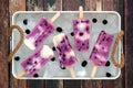 Blueberry vanilla ice pops in a vintage ice tray