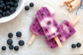 Blueberry vanilla popsicles on a white marble background