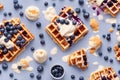 Blueberry waffles with cream on pastel background. ai generative