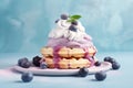 Blueberry waffles with cream on pastel colored background