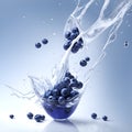 Blueberry and water splash isolated background. Realistic dairy product. Water splash with blueberry. liquid swirl, isolated