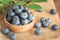 Blueberry in a wooden bowl on a sack.